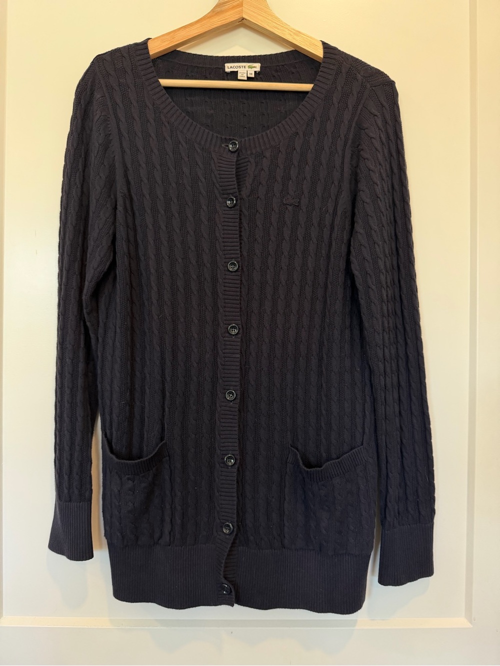 Lacoste cable knit navy cardigan button-front patch pockets preppy academia sz M